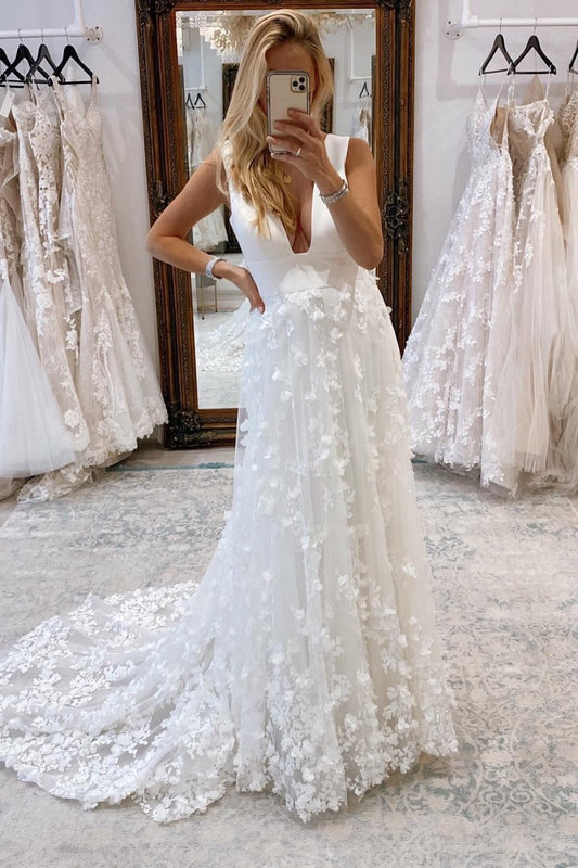 Andi | White Deep V-Neck Backless Long Wedding Dress with Appliques