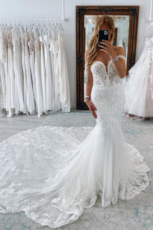 Jream | White Long Tulle Mermaid Wedding Dress with Lace Appliques