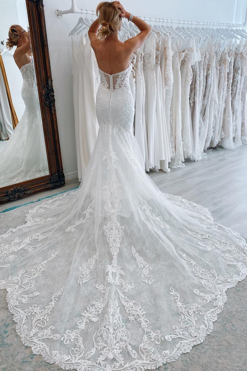 Jream | White Long Tulle Mermaid Wedding Dress with Lace Appliques