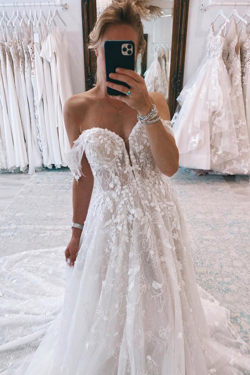 Carly | Ivory Off the Shoulder Long Lace Mermaid Wedding Dress with Appliques