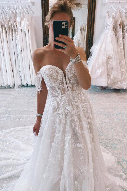 Carly | Ivory Off the Shoulder Long Lace Mermaid Wedding Dress with Appliques
