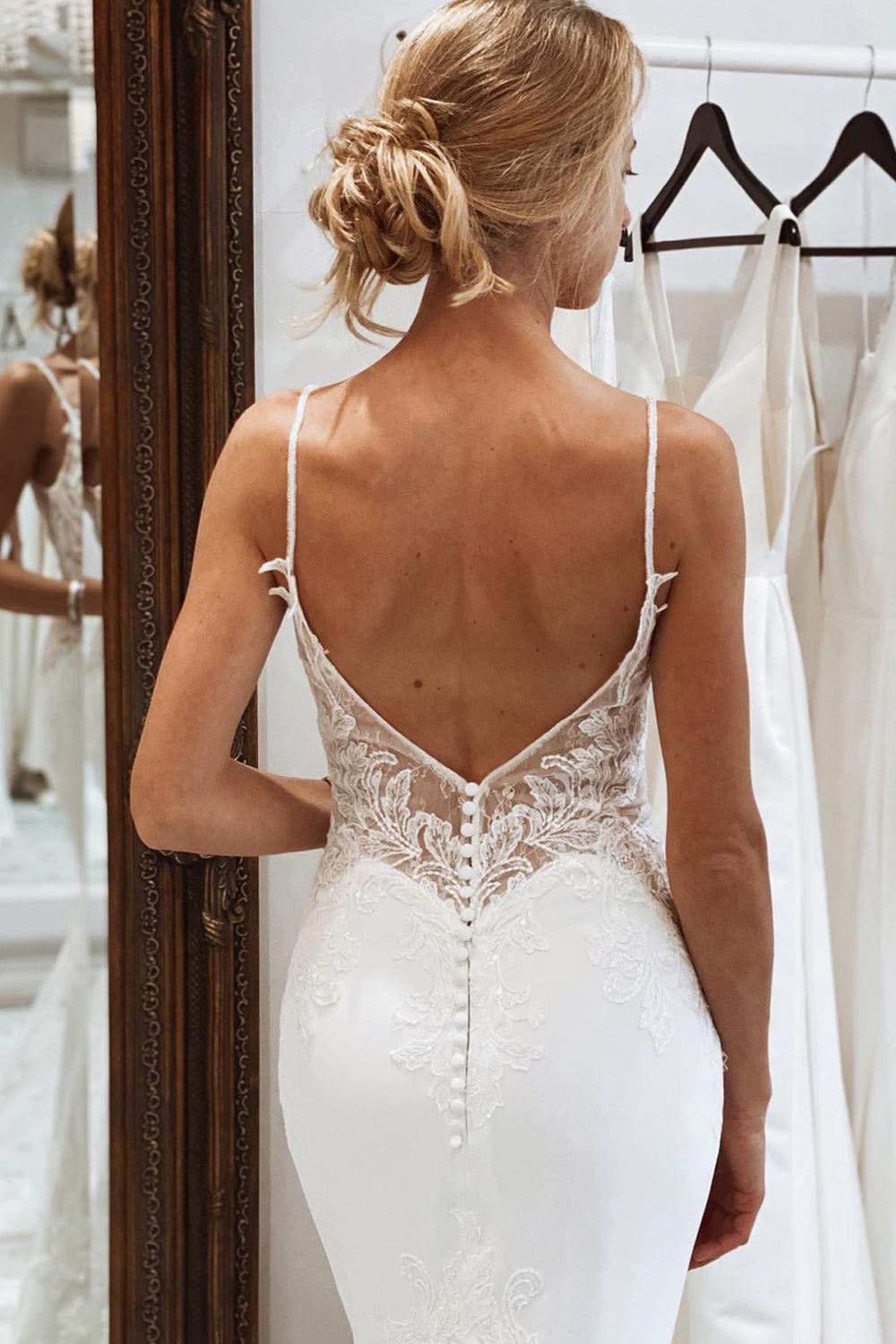 Hunter | White Mermaid Lace Long Backless Wedding Dress with Button