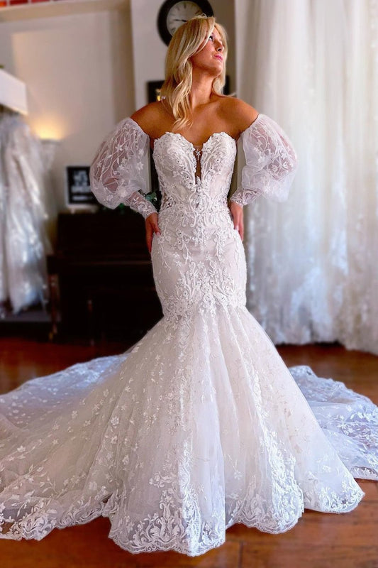 Alena | Sparkly White Mermaid Detachable Long Sleeves Lace Wedding Dress