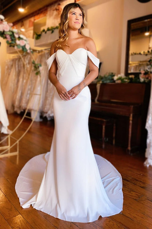 Naya | Simple White Mermaid Off-the-Shoulder Boho Wedding Dress