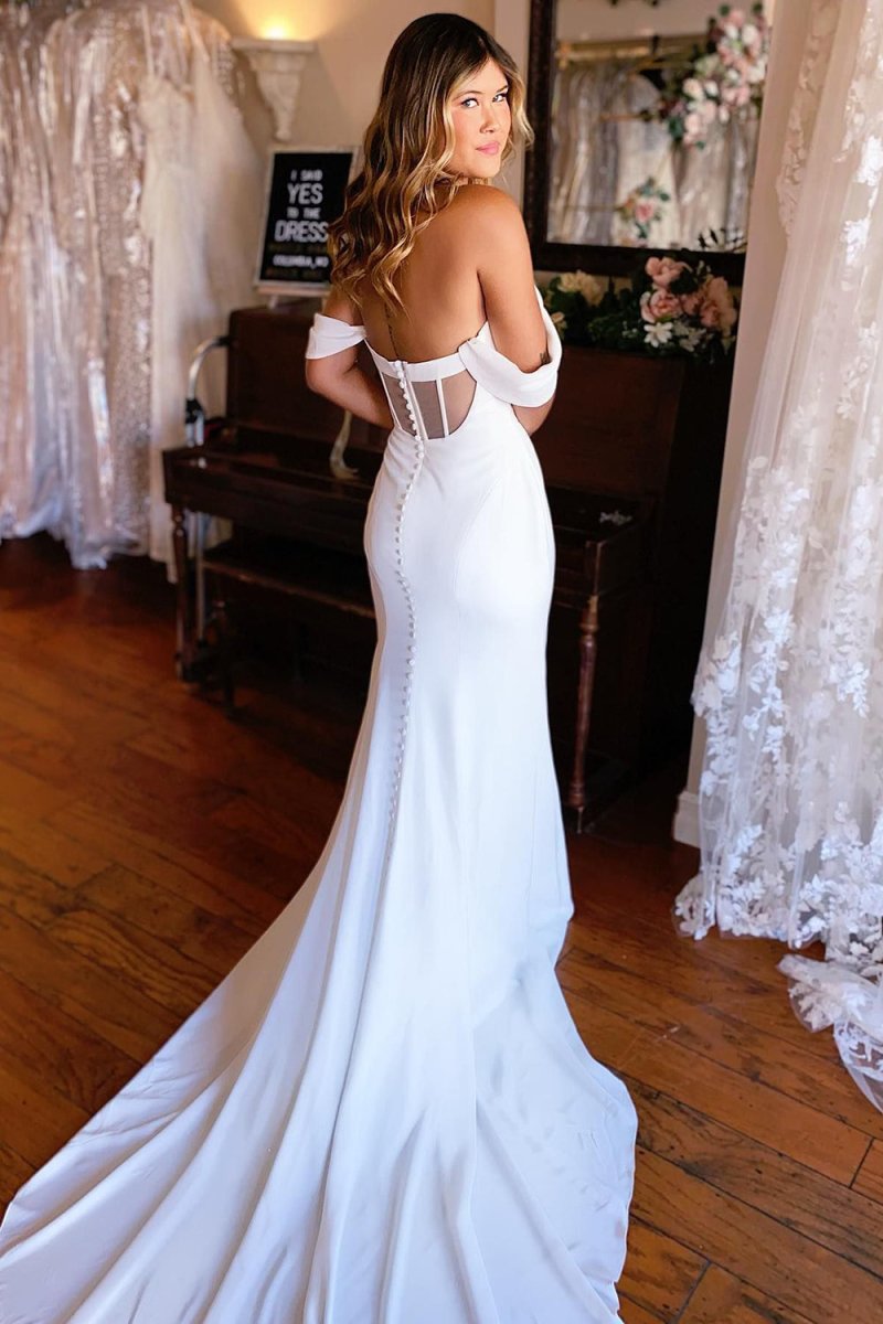 Naya | Simple White Mermaid Off-the-Shoulder Boho Wedding Dress