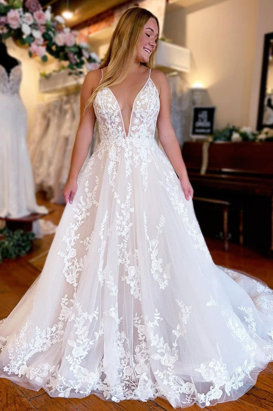 Sky | Ivory A-Line Spaghetti Straps Long Lace Wedding Dress