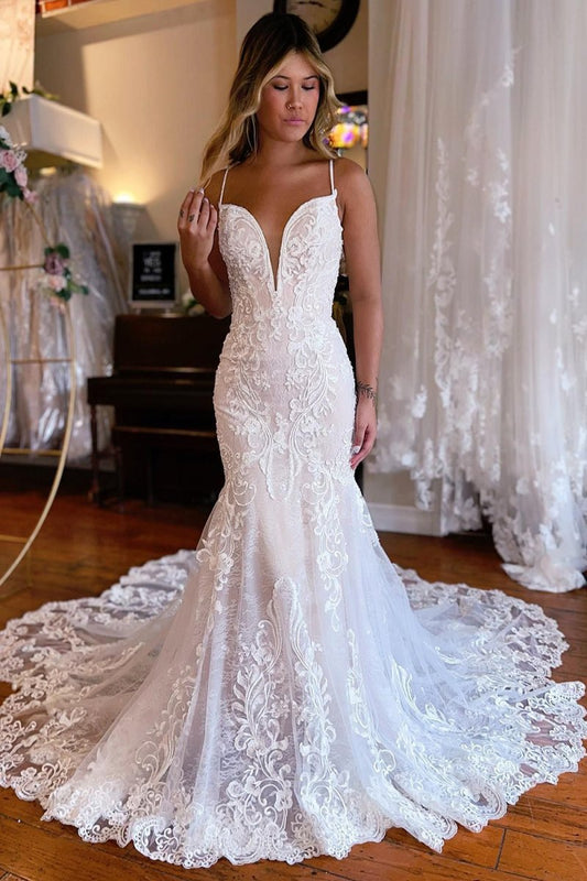 Aliza | Ivory Mermaid Spaghetti Straps Backless Long Lace Wedding Dress