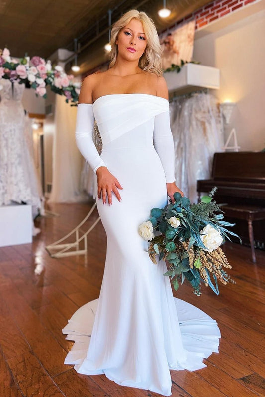 Pearl | Simple White Boho Mermaid Long Wedding Dress with Sleeves