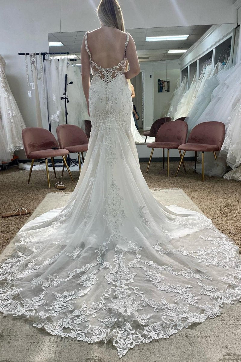 Mercy | White Deep V-Neck Mermaid Long Wedding Dress with Appliques