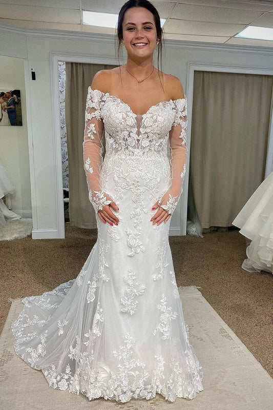 Anika | Tulle Mermaid Off The Shoulder White Long Wedding Dress with Appliques