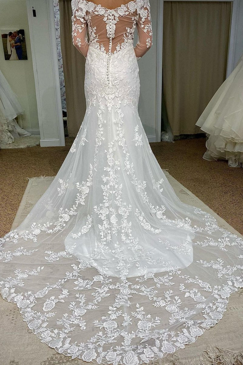 Anika | Tulle Mermaid Off The Shoulder White Long Wedding Dress with Appliques