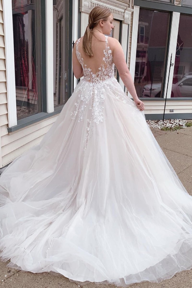 Roselyn | A-Line Tulle Sparkly White Wedding Dress with Appliques
