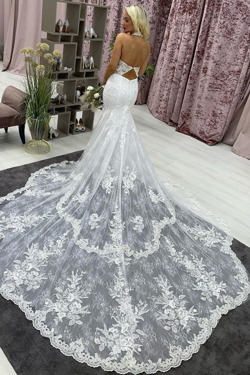 Ayleen | Ivory Halter Long Train Mermaid Wedding Dress with Appliques