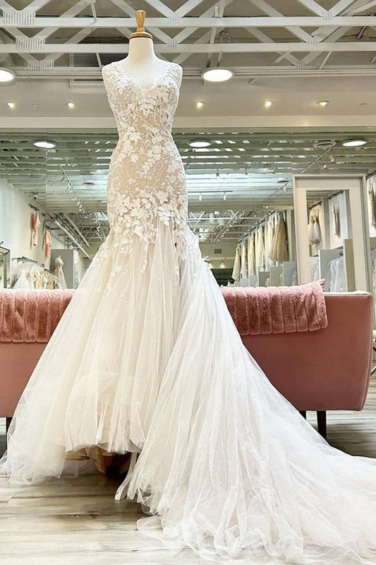 Natasha | Champagne V-Neck Asymmetrical Mermaid Wedding Dress with Appliques