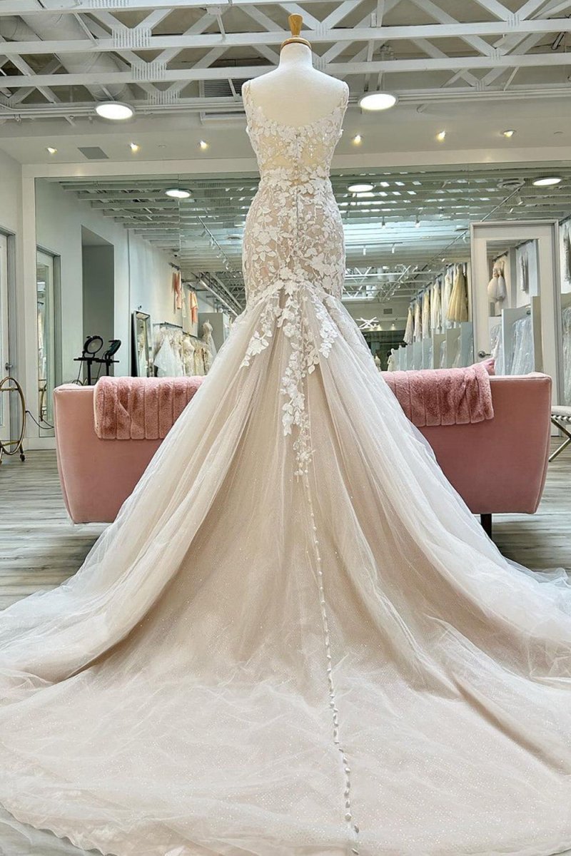 Natasha | Champagne V-Neck Asymmetrical Mermaid Wedding Dress with Appliques