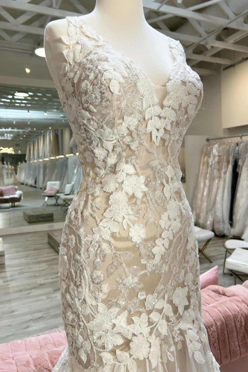 Natasha | Champagne V-Neck Asymmetrical Mermaid Wedding Dress with Appliques