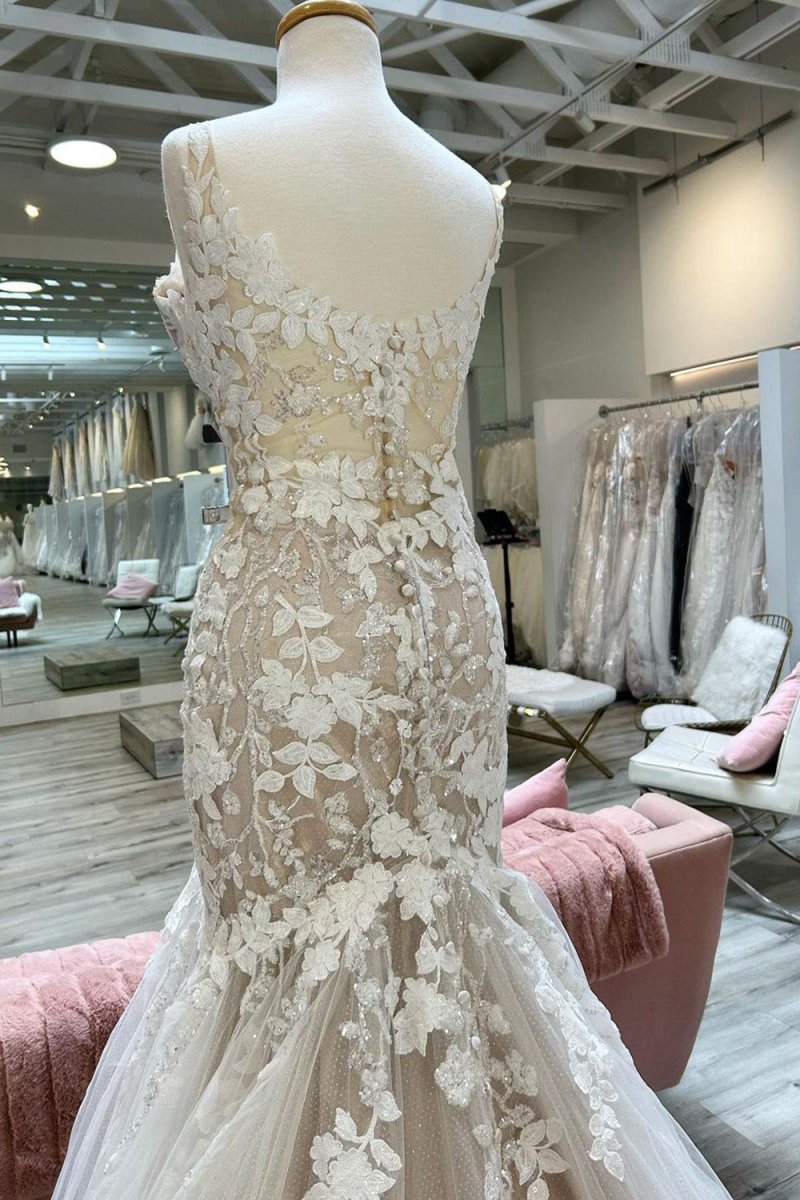 Natasha | Champagne V-Neck Asymmetrical Mermaid Wedding Dress with Appliques