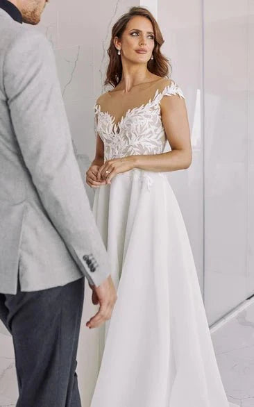 A-Line V-Neck Chiffon Floor Length Wedding Dress With Appliques