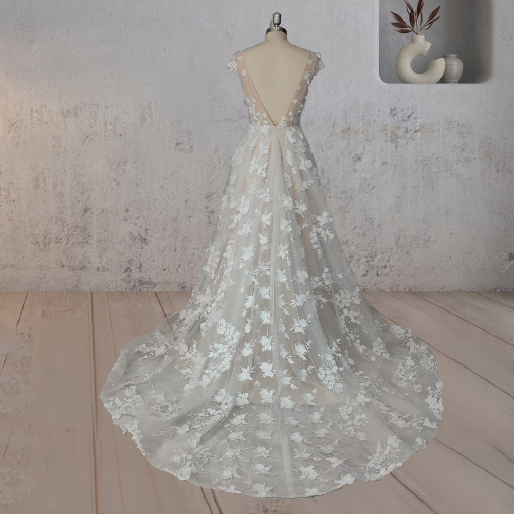 A-Line Champagne Floral 3D Lace Fantasy Wedding Dress