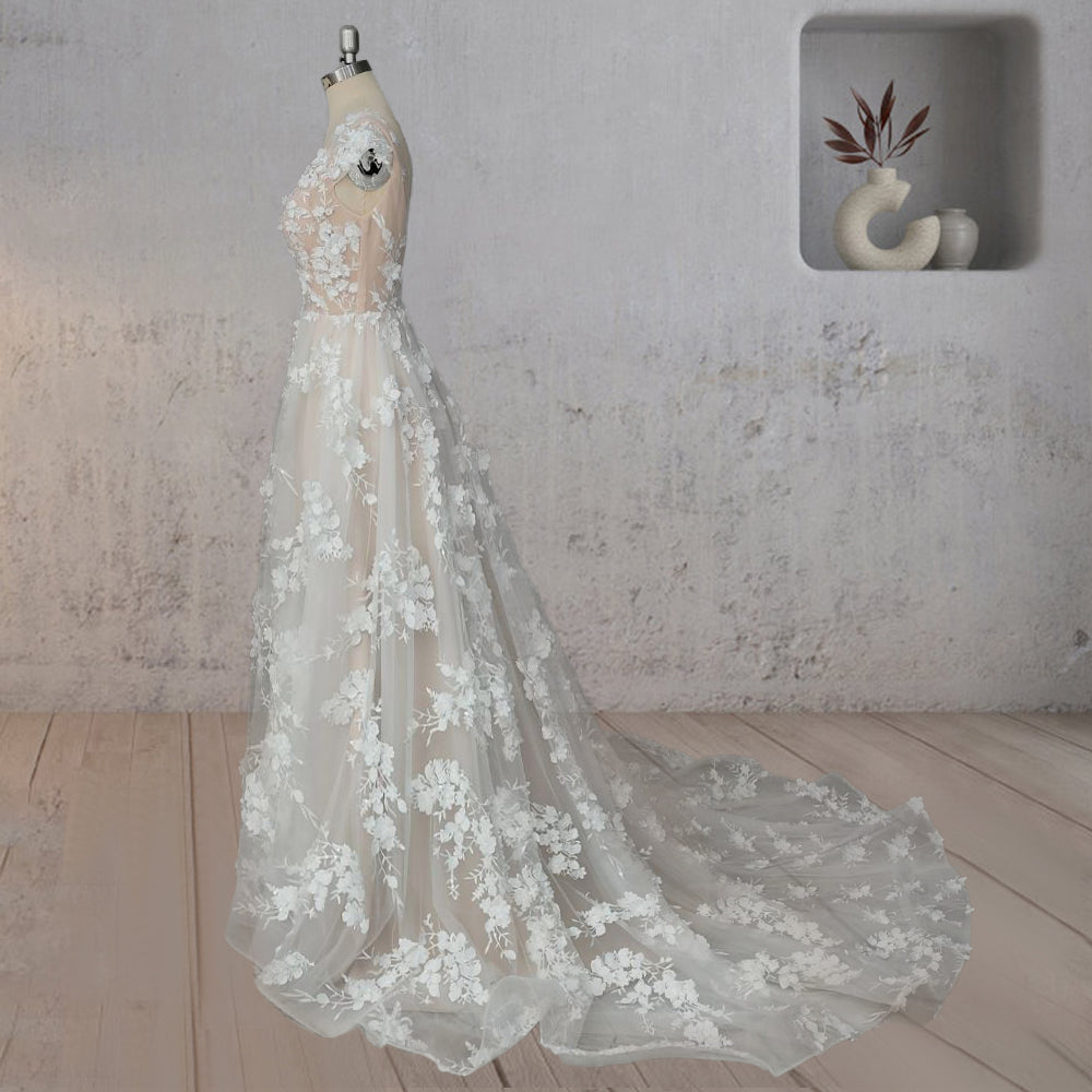 A-Line Champagne Floral 3D Lace Fantasy Wedding Dress