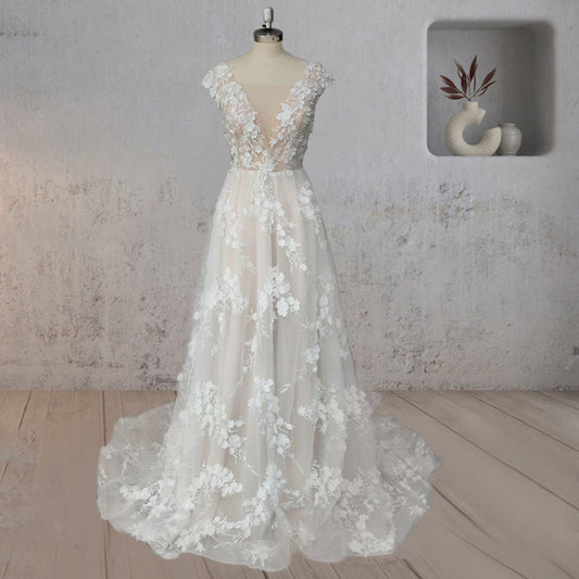 A-Line Champagne Floral 3D Lace Fantasy Wedding Dress