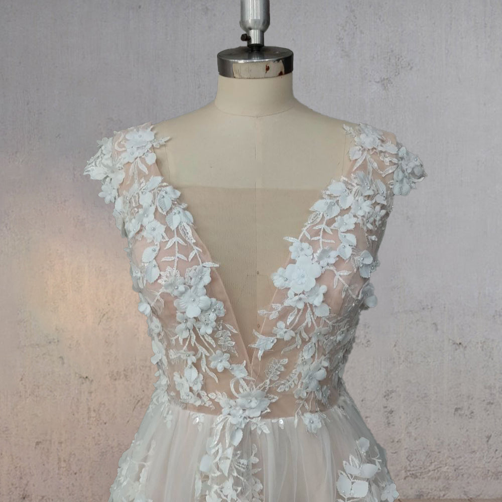 A-Line Champagne Floral 3D Lace Fantasy Wedding Dress