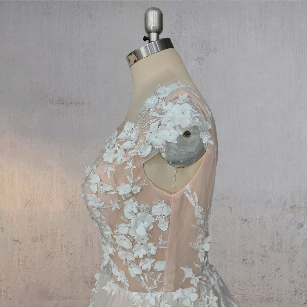 A-Line Champagne Floral 3D Lace Fantasy Wedding Dress