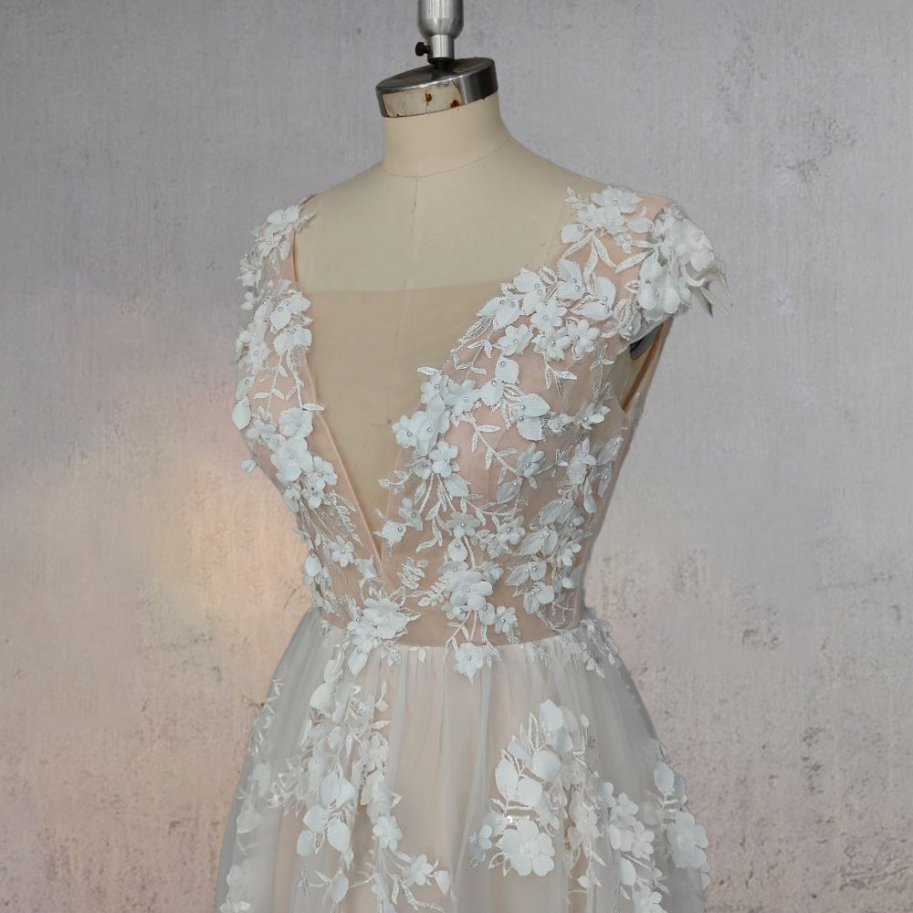 A-Line Champagne Floral 3D Lace Fantasy Wedding Dress