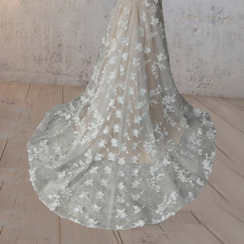 A-Line Champagne Floral 3D Lace Fantasy Wedding Dress