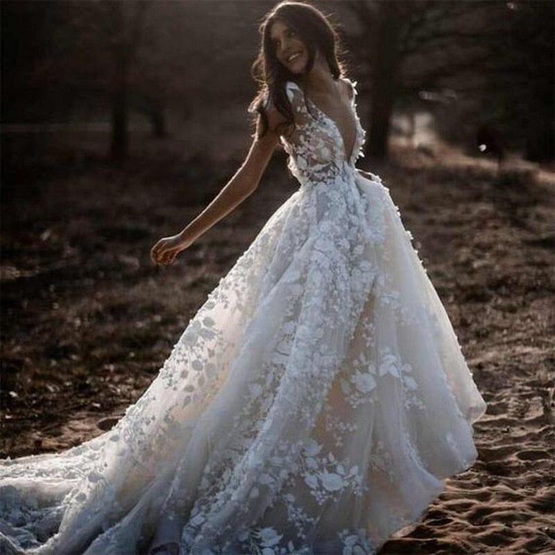 A-Line Champagne Floral 3D Lace Fantasy Wedding Dress