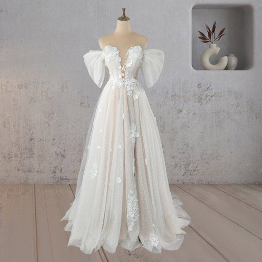 A-Line Floral Appliques Polka Dots Wedding Dress with Slit