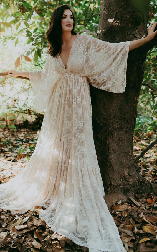 Elysia | A-Line Plunging Neckline Lace Wedding Dress With Open Back