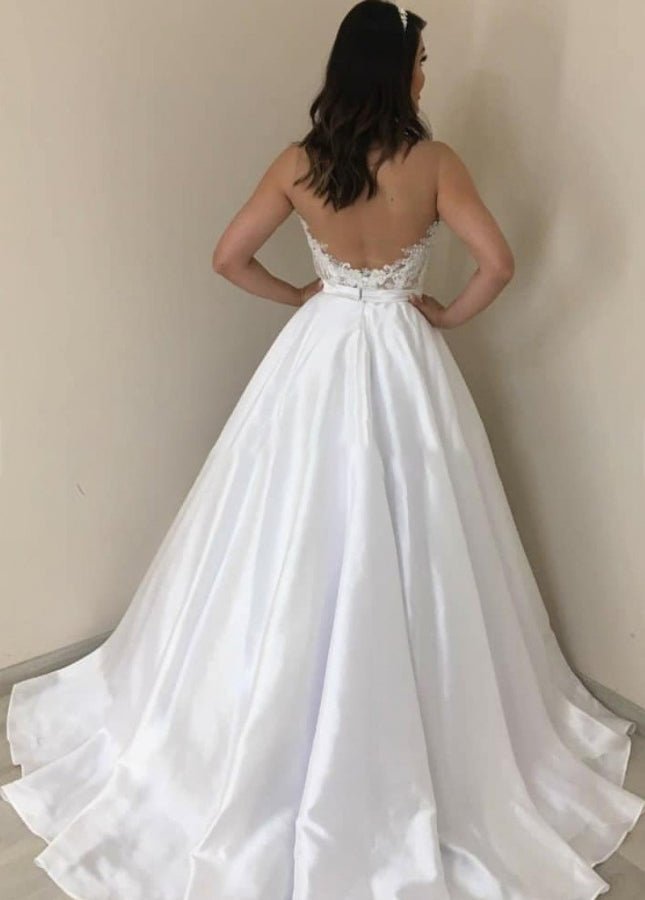 A-line Sleeveless Sweetheart Satin Bride Wedding Dresses with Appliques