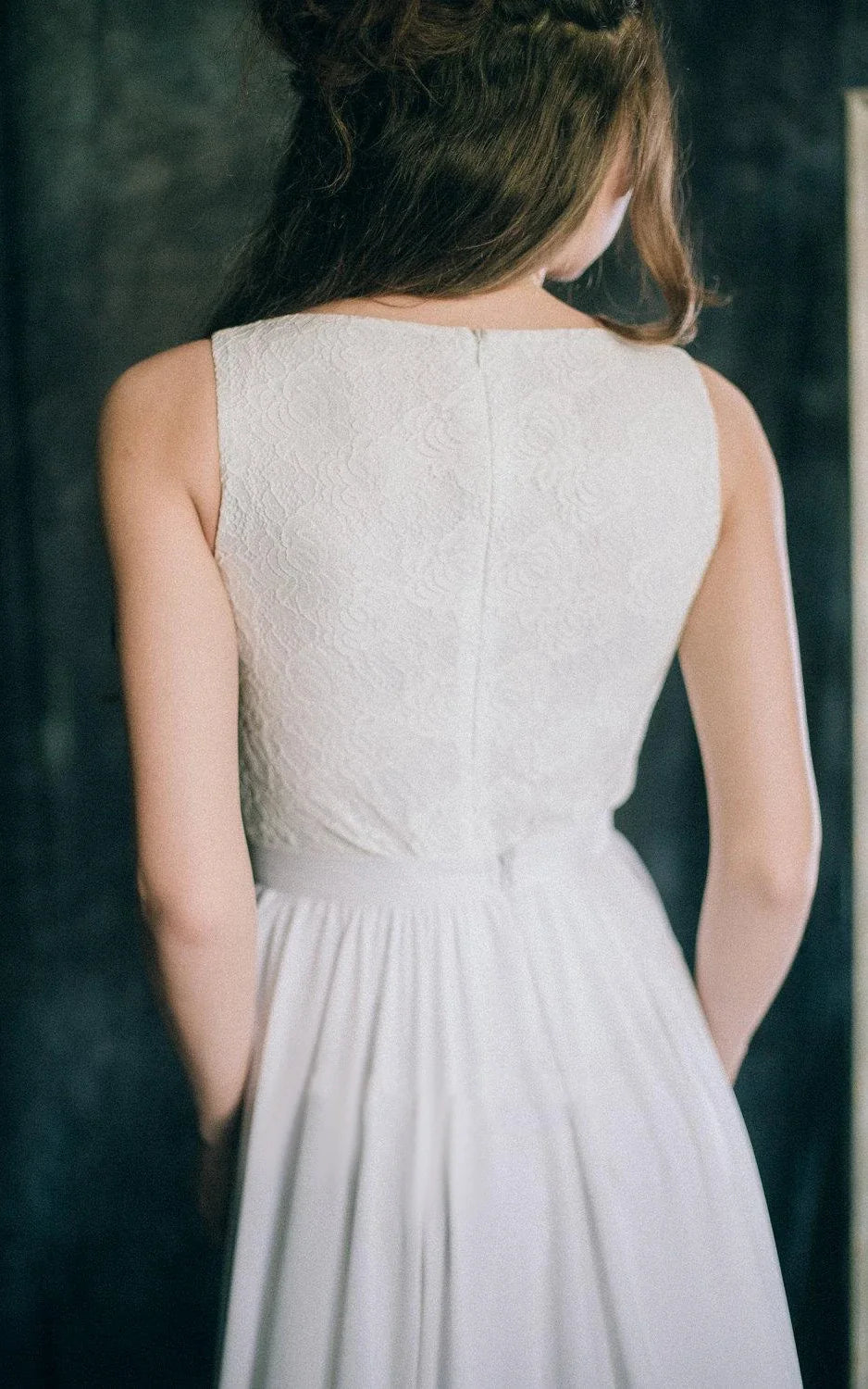 A-Line Short Sleeveless Sleeve Chiffon Lace Satin Dress