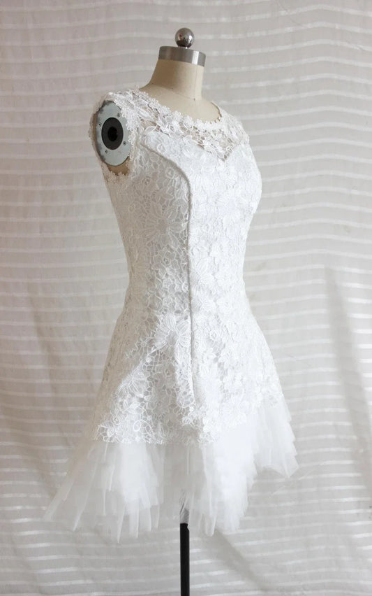 A-Line Short Tulle Lace Satin Weddig Dress