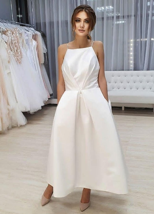 Simple Open Back Tea Length A-Line Sleeveless Spaghetti-Straps Wedding Dress with Pockets