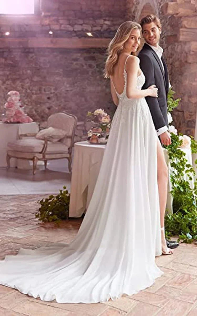 A-Line Spaghetti Chiffon Wedding Dress Simple Bohemian Elegant Summer Beach Garden With Open Back And Sleevesless And Split Front