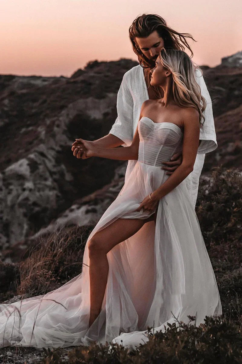 A-line Sweetheart Tulle High Split Bohemian Wedding Dress