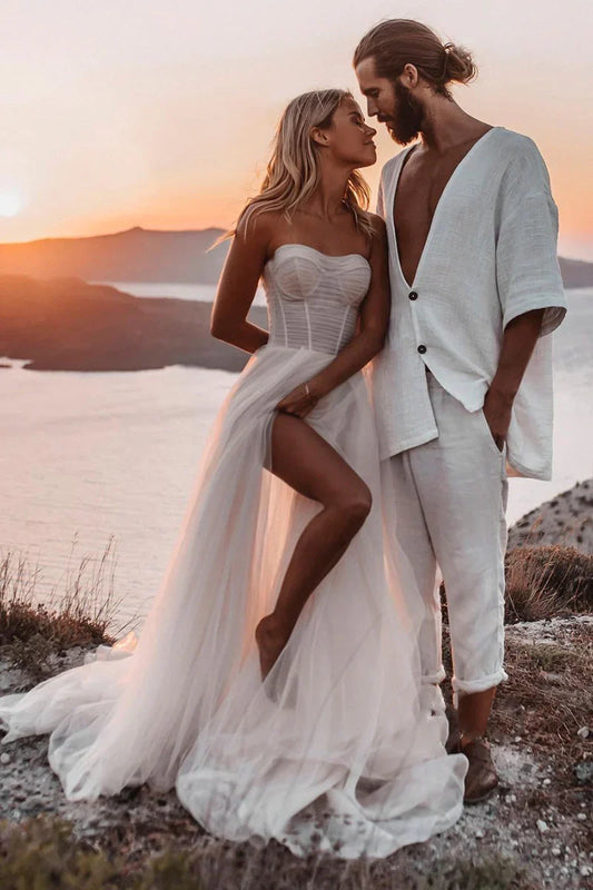 A-line Sweetheart Tulle High Split Bohemian Wedding Dress
