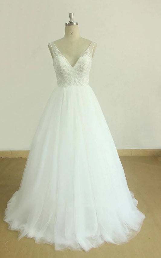 A-Line V-Neck Chapel Train Sleeveless Deep V Back Tulle Appliques Weddig Dress