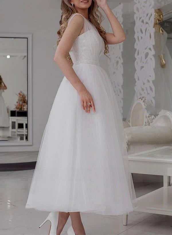 A-Line V-Neck Sleeveless Ankle-Length Tulle Wedding Dresses With Sequins