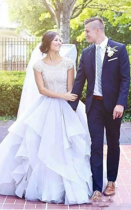Adorable Country Style Organza Ruffled Cap-sleeve Ball Gown Wedding Dress