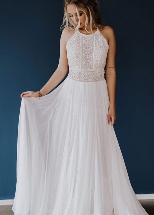 Beach Lace Chiffon Halter Sleeveless Open Back Wedding Dresses