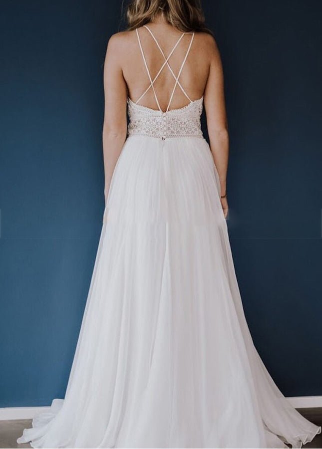 Beach Lace Chiffon Halter Sleeveless Open Back Wedding Dresses