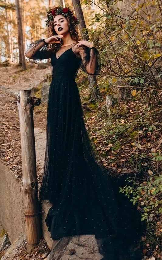 Black A-line Spaghetti V-neck Satin Unique Wedding Dress with Illusion Tulle Long Sleeve