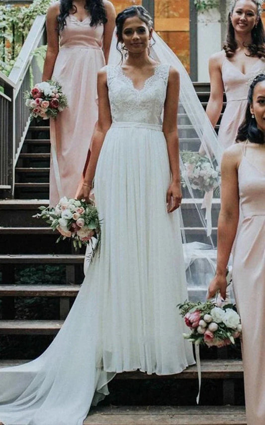 Bohemian A Line  Sweep-Train Chiffon Lace Scalloped Sleeveless Wedding Dress