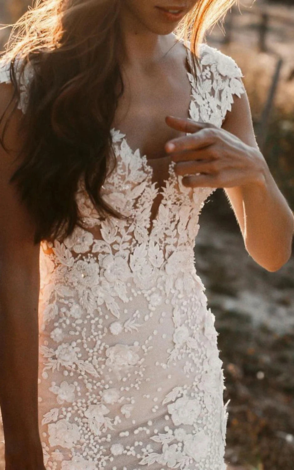 Boho Mermaid Wedding Dress Floral V-neck Casual Gown with Open Back and Lace Appliques