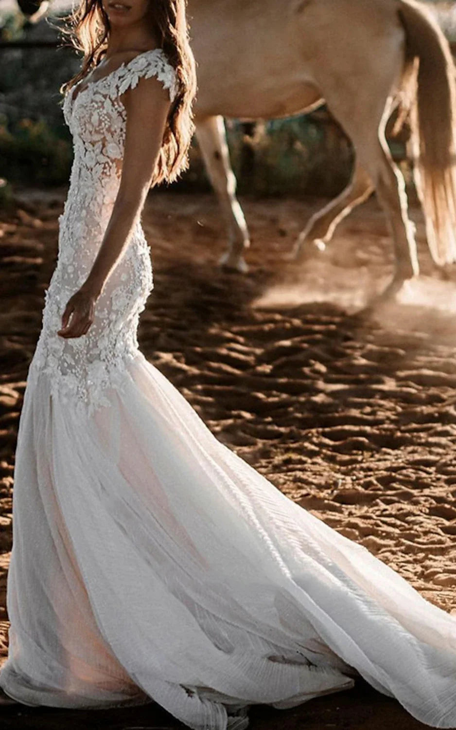 Boho Mermaid Wedding Dress Floral V-neck Casual Gown with Open Back and Lace Appliques