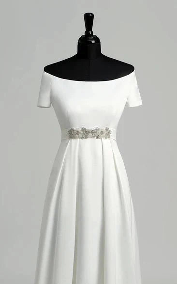 Graceful Off-the-shoulder A-line Beaded Satin Wedding Dress