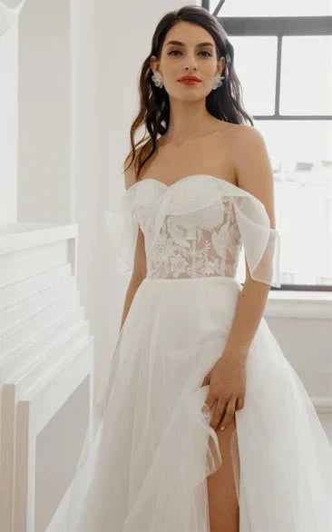 Bohemian A Line Sweetheart Sweep Train Wedding Dress with Split Front